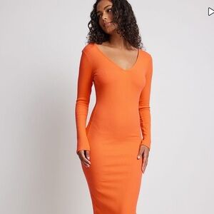 Orange Ribbed Long Sleeve Bodycon Dress